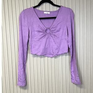 BP. V-Neck Keyhole Long Sleeve Crop Top in Pink Gale Size S